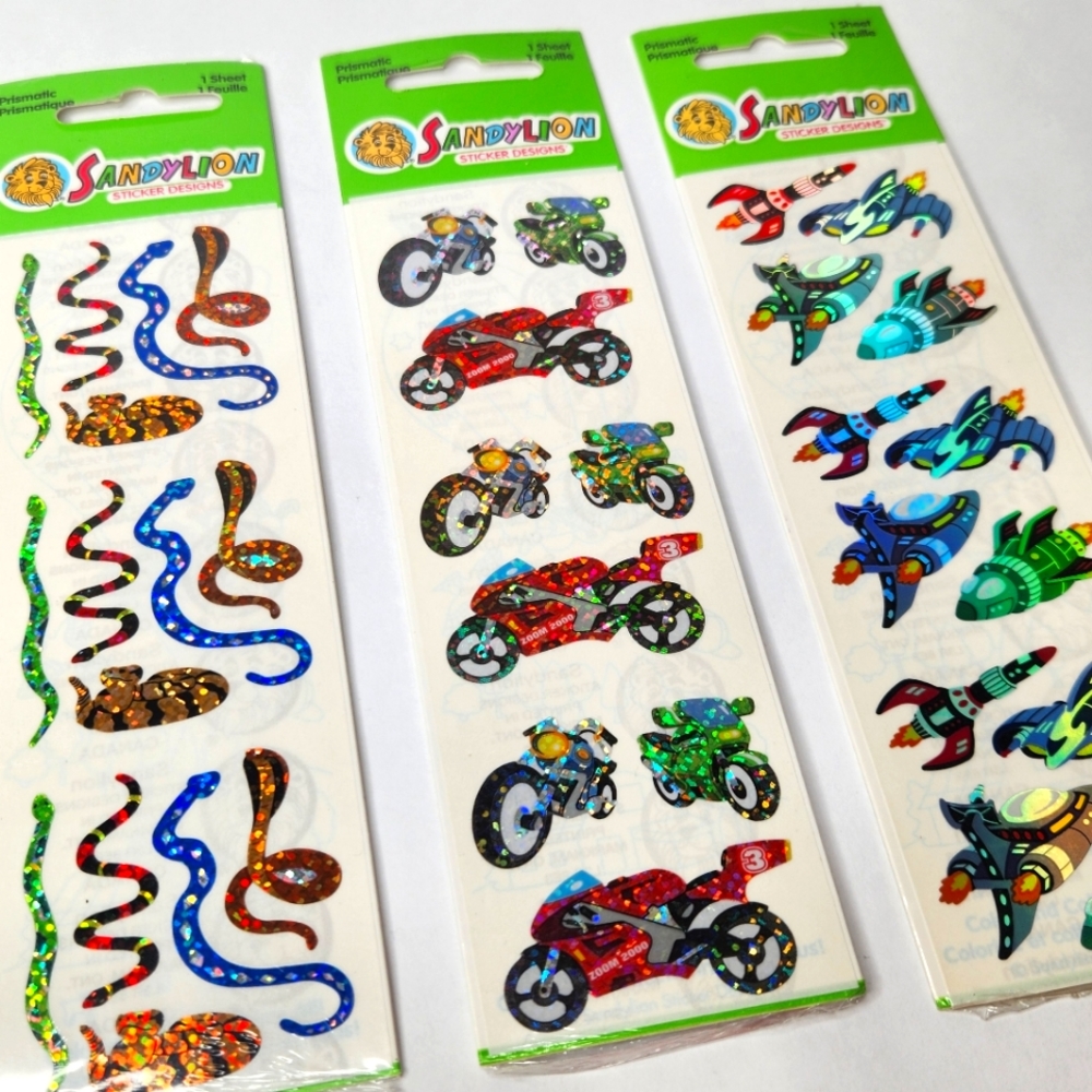 Vintage Sandylion Prismatic Stickers Sealed Snakes Motorcycles Spaceships